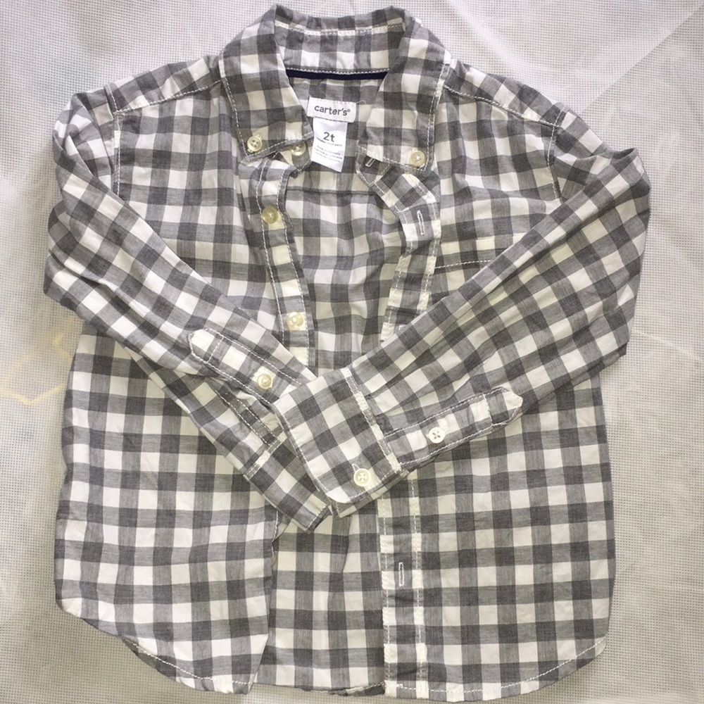 Carters Toddler Boy Checkered Print White and Gray Button Down Shirt | Size 2T